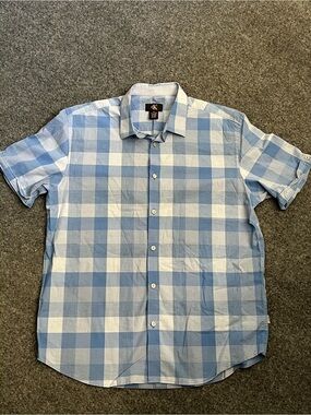 Calvin Klein Blue Plaid Short-Sleeve Button-Down Shirt, 100% Cotton, Medium